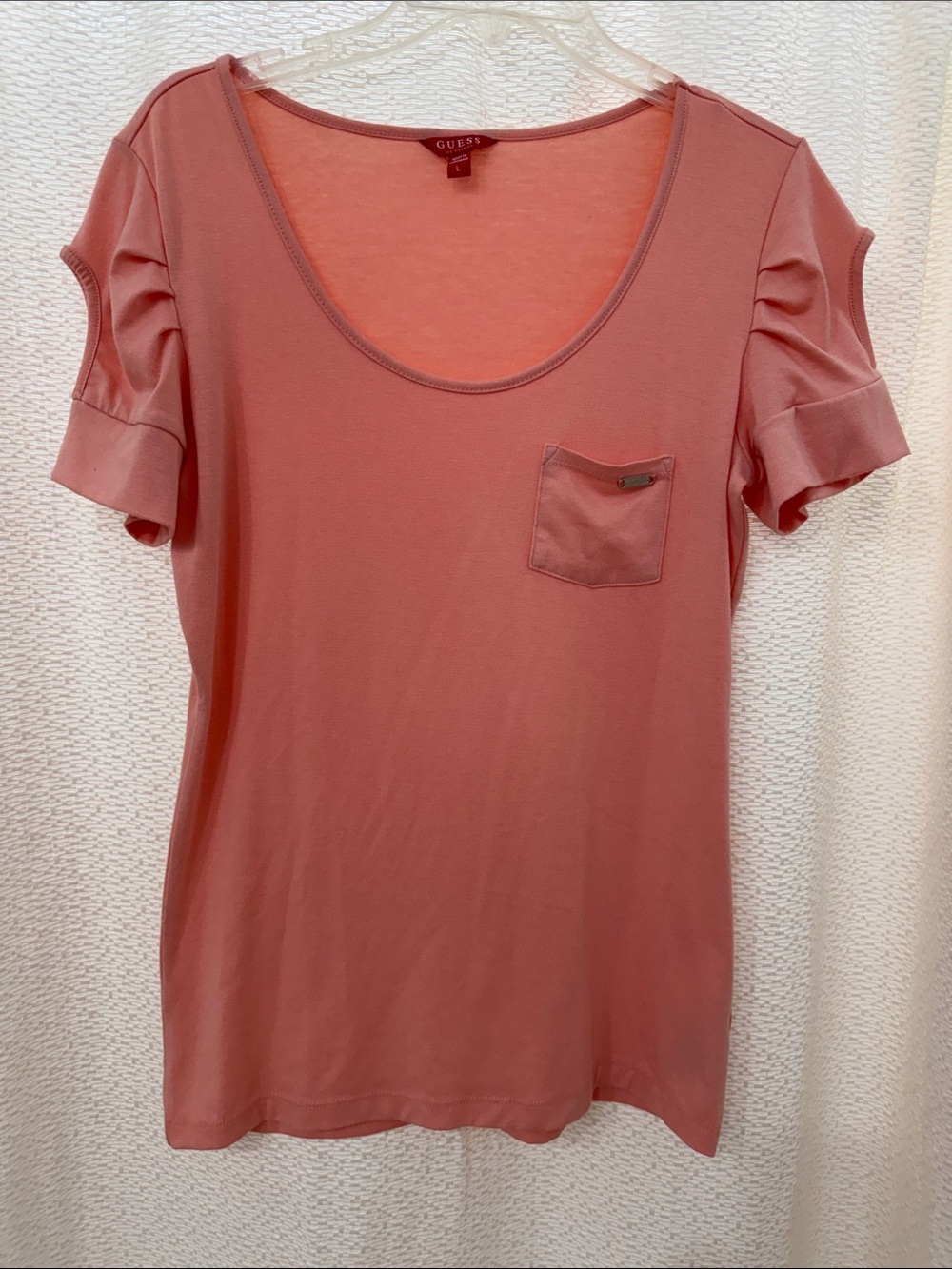 GUESS Peach Scoop Neck Short Sleeve Tee with Chest Pocket